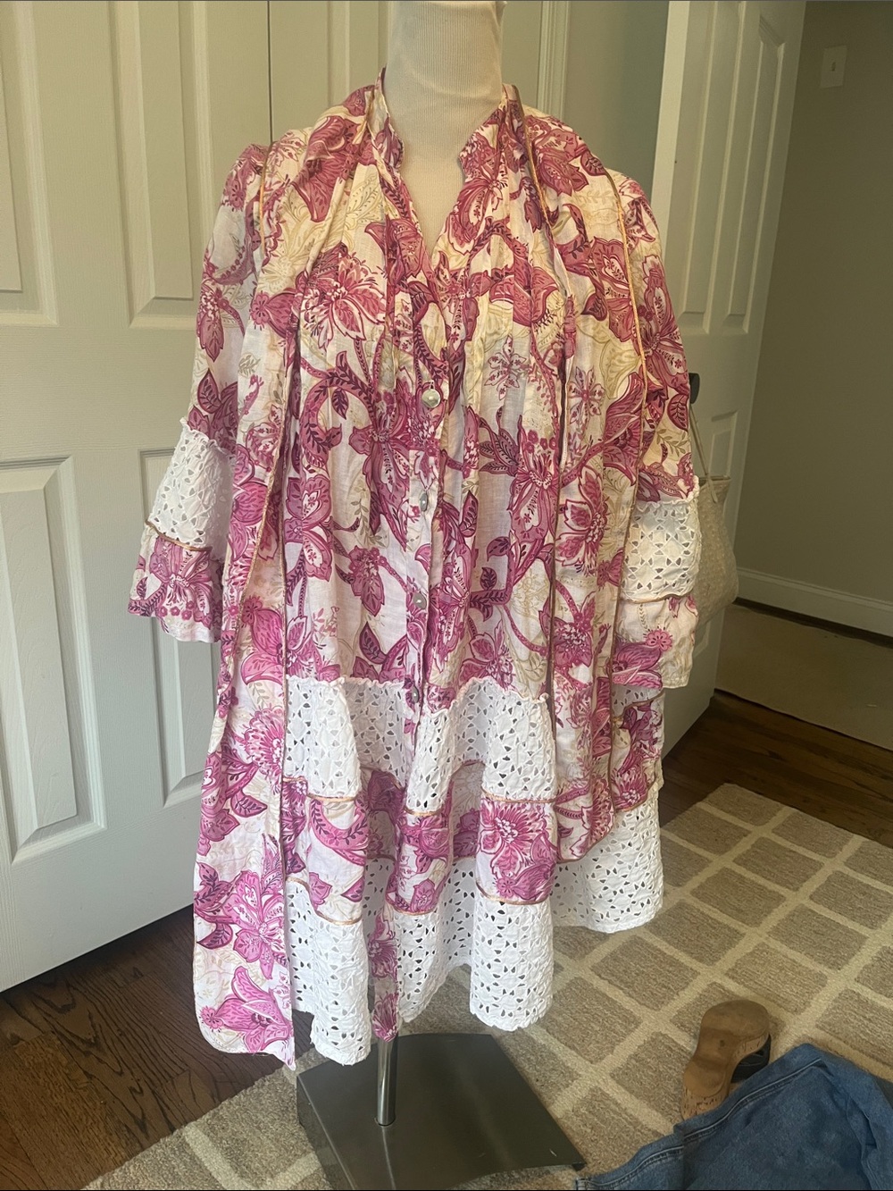 Boho Floral Pink and White Tiered Dress with Eyelet Trim. Designer Queen Moda.